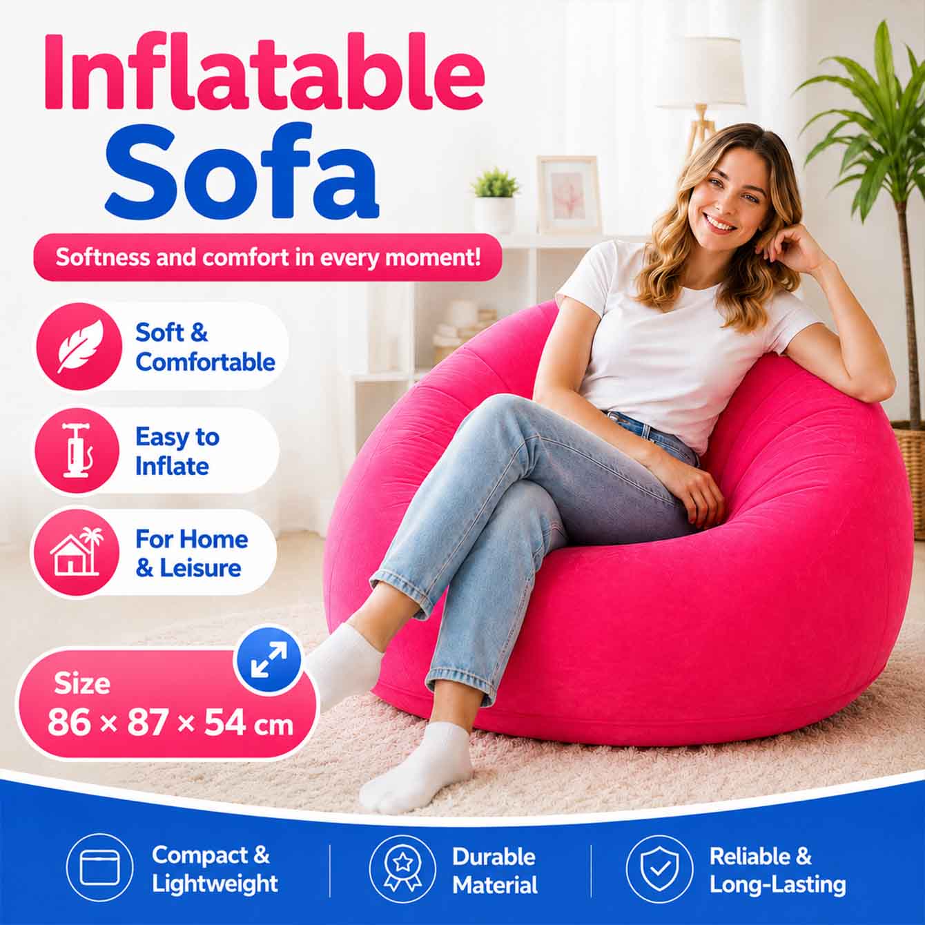 Floor Cushion Pouf - เก้าอี้บีนแบ็กเป่าลม 1 ชิ้น สำหรับใช้งานกลางแจ้ง เก้าอี้แคมป์ปิ้งเป่าลม โซฟาเป่าลมแบบพับได้