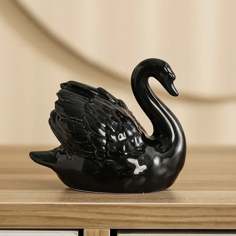 Xt Home Textiles - คู่ Swan เครื่องประดับเซรามิคสีดําและสีขาวห้องนั่งเล่น Study สัตว์บอนไซ DIY