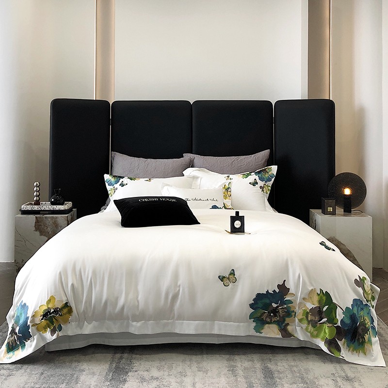 Home Textiles Super Soft - ชุดเครื่องนอนสองชั้นผ้าคอตตอนอียิปต์นุ่มเหมือนเส้นไหมเย็บปักสีขาว800TC ลายขนาดซูเปอร์คิงส์ของเราพร้อมปลอกหมอนผ้าปูเตียง