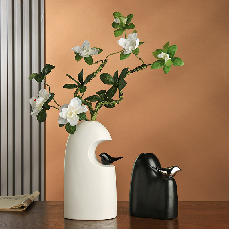 Xt Home Textiles - แจกันเซรามิกสมัยใหม่พร้อมประติมากรรมรูปนก แจกันเรียบง่ายสำหรับตกแต่งห้องนั่งเล่นในบ้าน อุปกรณ์จัดดอกไม้ แจกันเซรามิก