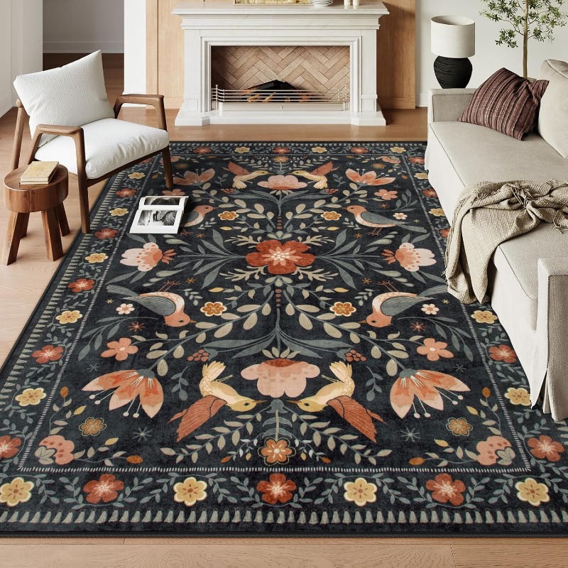Home Textiles Online - พรมลายดอกไม้สไตล์วินเทจสำหรับห้องนั่งเล่น พับเก็บได้ ซักเครื่องได้ ใช้ปูพื้นกันลื่นสำหรับโซฟา โต๊ะกาแฟ หรือห้องนอน
