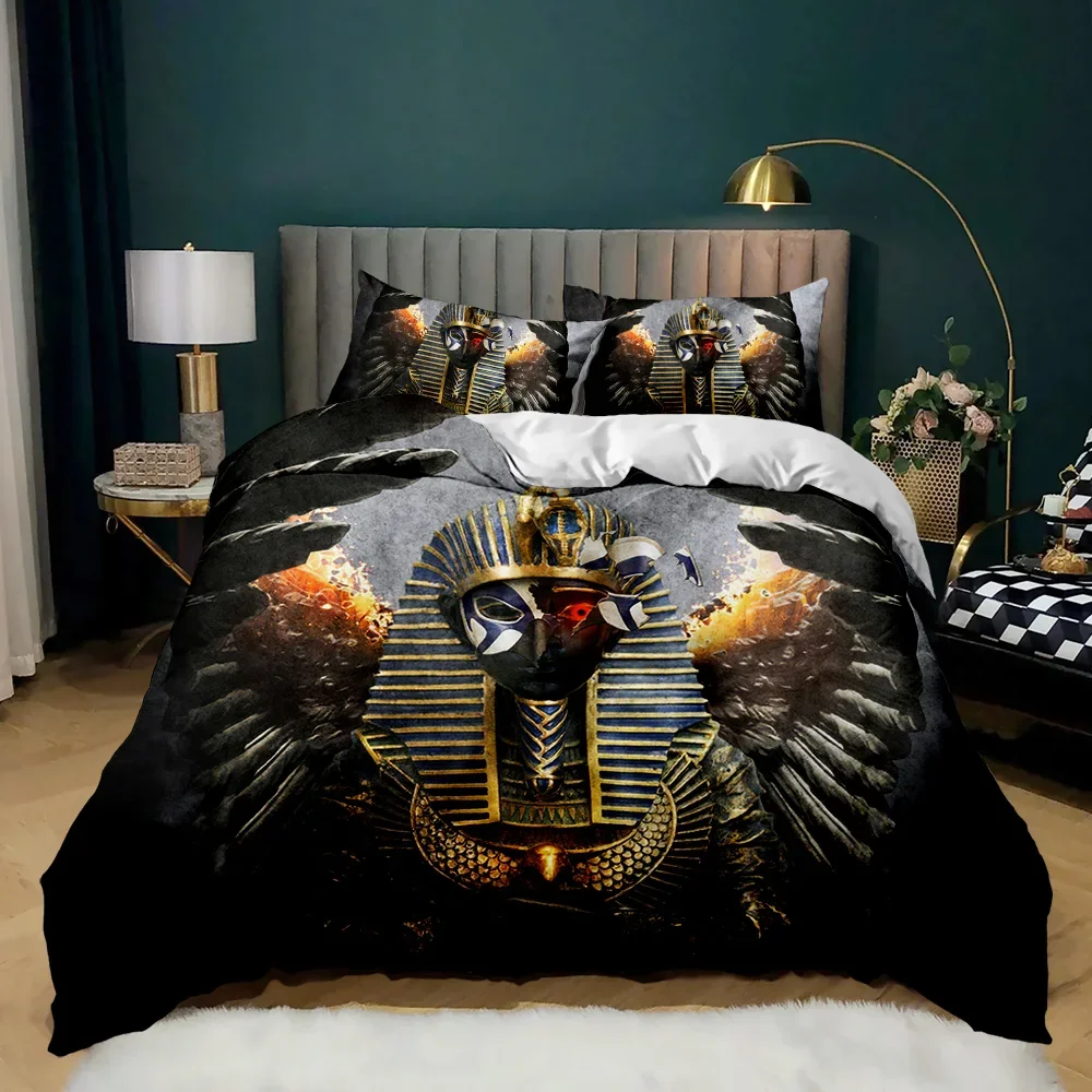 Home Textiles Egypt - ชุดเครื่องนอนผ้าห่มนวมลายชนเผ่าอียิปต์โบราณ 3 มิติ ลายฟาโรห์ พร้อมปลอกหมอน สำหรับตกแต่งห้องนอนเด็ก
