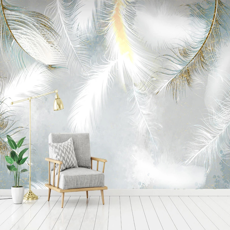 Home Textiles Photos - วอลล์เปเปอร์ที่กําหนดเองโมเดิร์นโรแมนติกสีขาว Feather 3D บรรเทาภาพจิตรกรรมฝาผนังเอกสารตกแต่งบ้านห้องนั่งเล่นห้องนอนภาพวาด