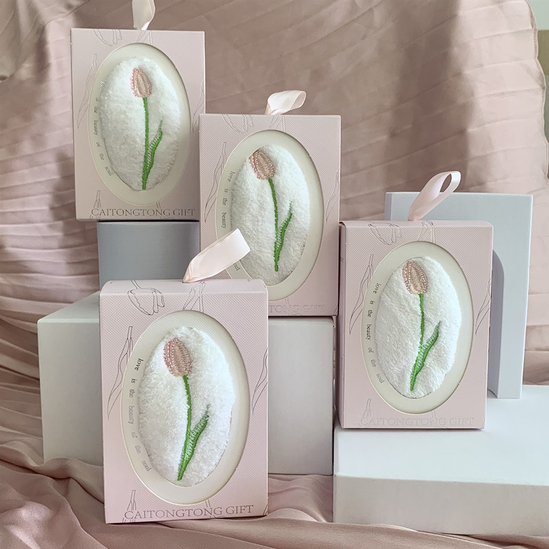 Home Textiles Towel Set - ผ้าเช็ดมือปักลายดอกทิวลิป รูปทรงสี่เหลี่ยม ผ้าเนื้อนุ่ม ซึมซับดี ชุดของขวัญสำหรับวันหยุด วันเกิด