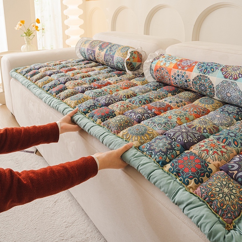 Floor Cushion Pouf - ผ้าคลุมโซฟาผ้าฝ้ายหนานุ่ม ป้องกันการลื่น ลายดอกไม้ พิมพ์ลาย ป้องกันฝุ่น สำหรับเบาะรองนั่ง