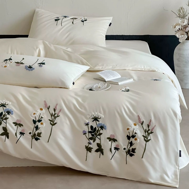 Home Textiles Towel Set - สไตล์ Pastoral 1000TC ยาวผ้าฝ้ายโรแมนติกดอกไม้ผ้าเช็ดตัวเย็บปักถักร้อยชุดเครื่องนอนผ้านวมแบน/แผ่นติดตั้งปลอกหมอน
