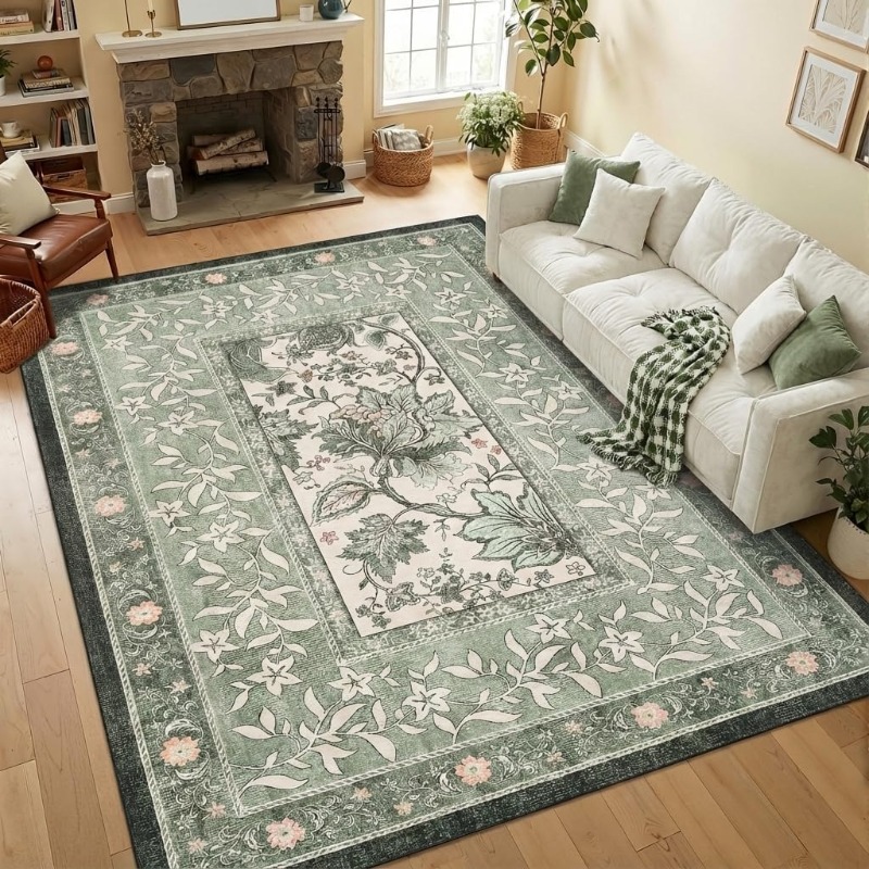 Home Textiles Online - พรมพิมพ์ลายพืชสไตล์เรโทรสำหรับห้องนั่งเล่น พับเก็บได้ ซักด้วยเครื่องได้ ใช้ปูใต้โซฟา โต๊ะกาแฟ ป้องกันการลื่น