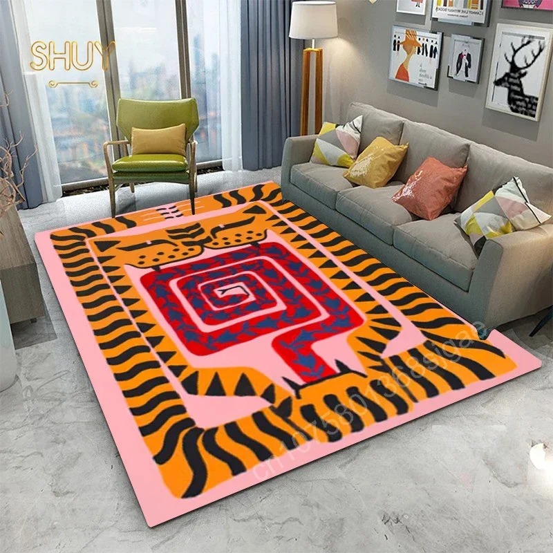 Home Textiles Egypt - พรมพื้นที่ลายโบราณอียิปต์ ลายเสือและเสือดาวหลากสีสัน แผ่นรองพื้นกันลื่น ตกแต่งบ้านสำหรับห้องนั่งเล่นและห้องนอน