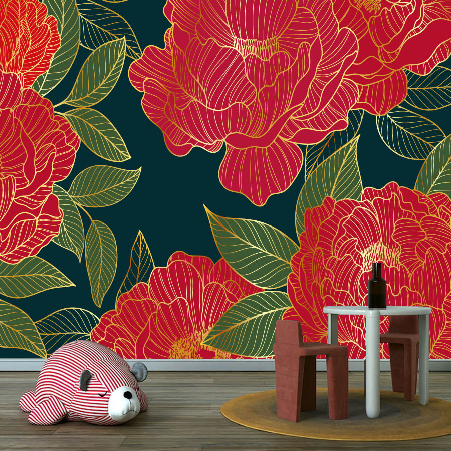 วอลเปเปอร์ภาพถ่ายดอกโบตั๋นสีแด - Home Textiles Photos บทวิจารณ์และราคา
